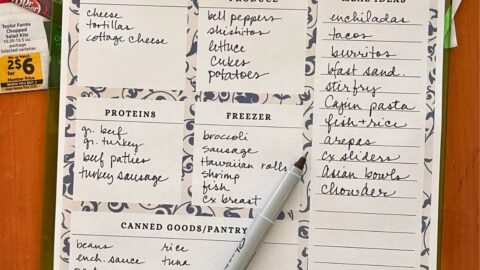 inventory worksheet on a clipboard for reverse meal planning.