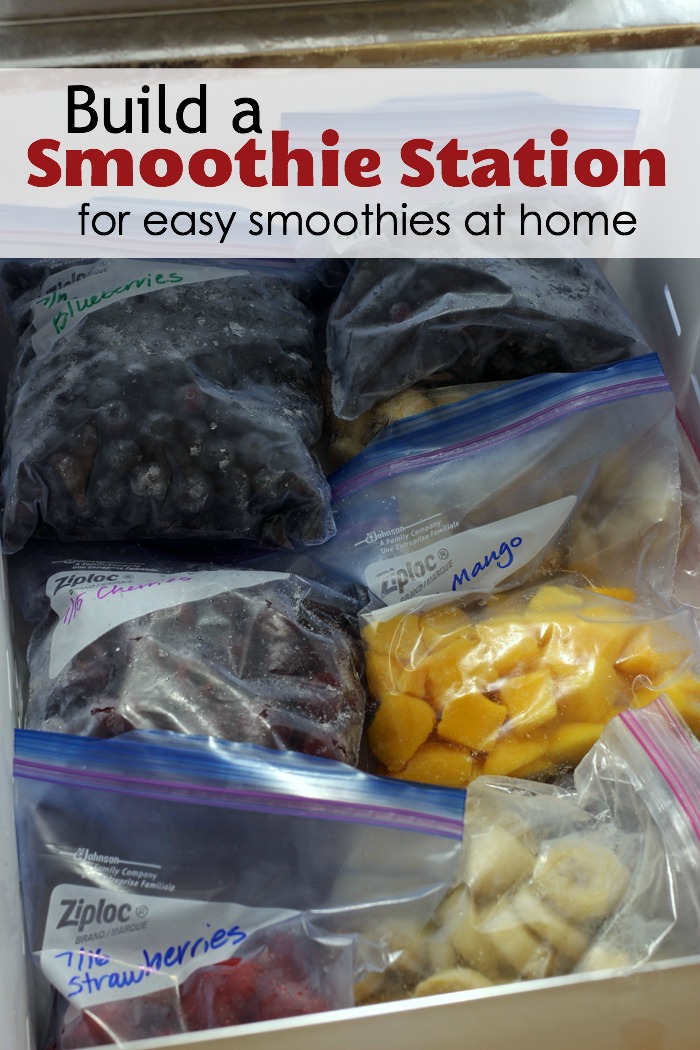 bags of fruit in freezer drawer for smoothie station