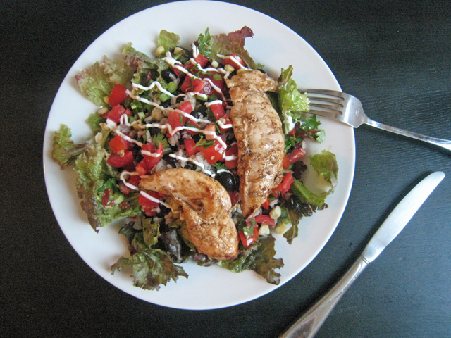 A plate of salad with Chicken and Salsa