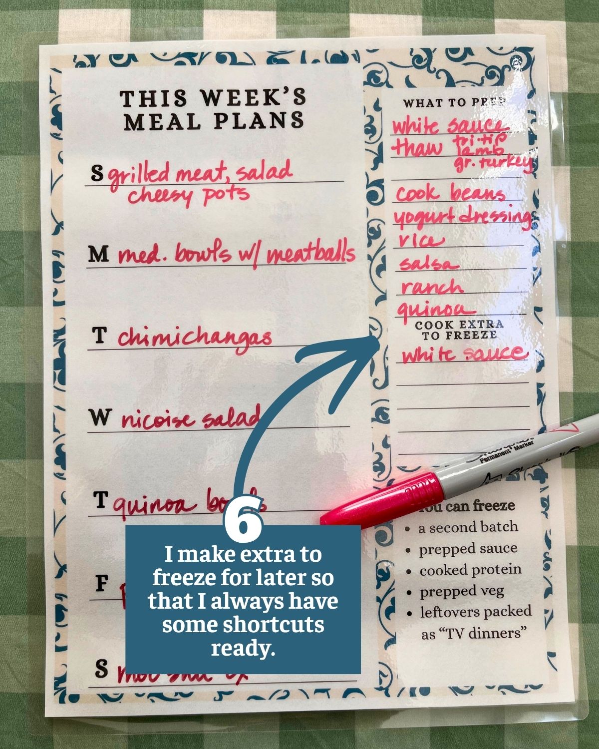 items that can be made to freeze highlighted on meal planning worksheet.