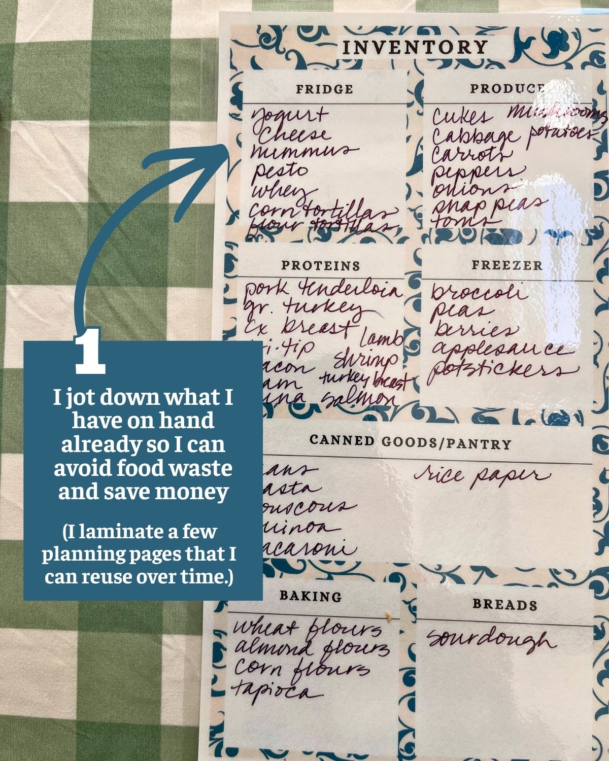 meal planning inventory sheet with diagram explaining its purpose.