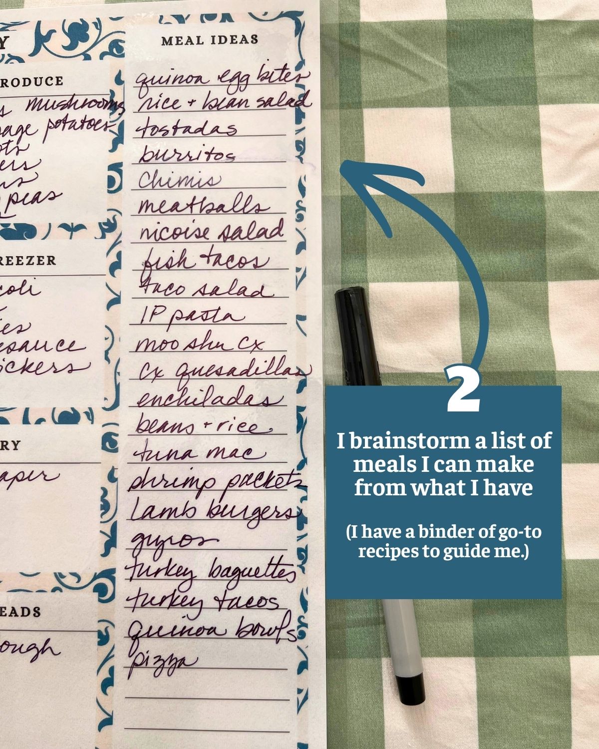 list of meals on laminated meal prep worksheet with diagram explaining its purpose.