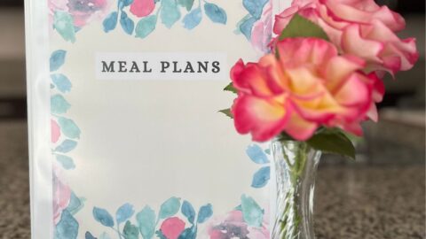 meal plan binder and flowers on counter.