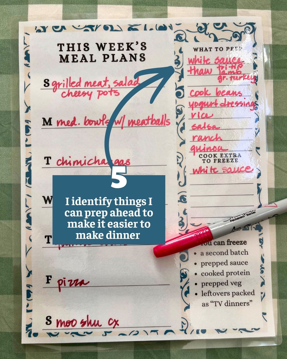 prep list on laminated sheet highlighted by text overlay.