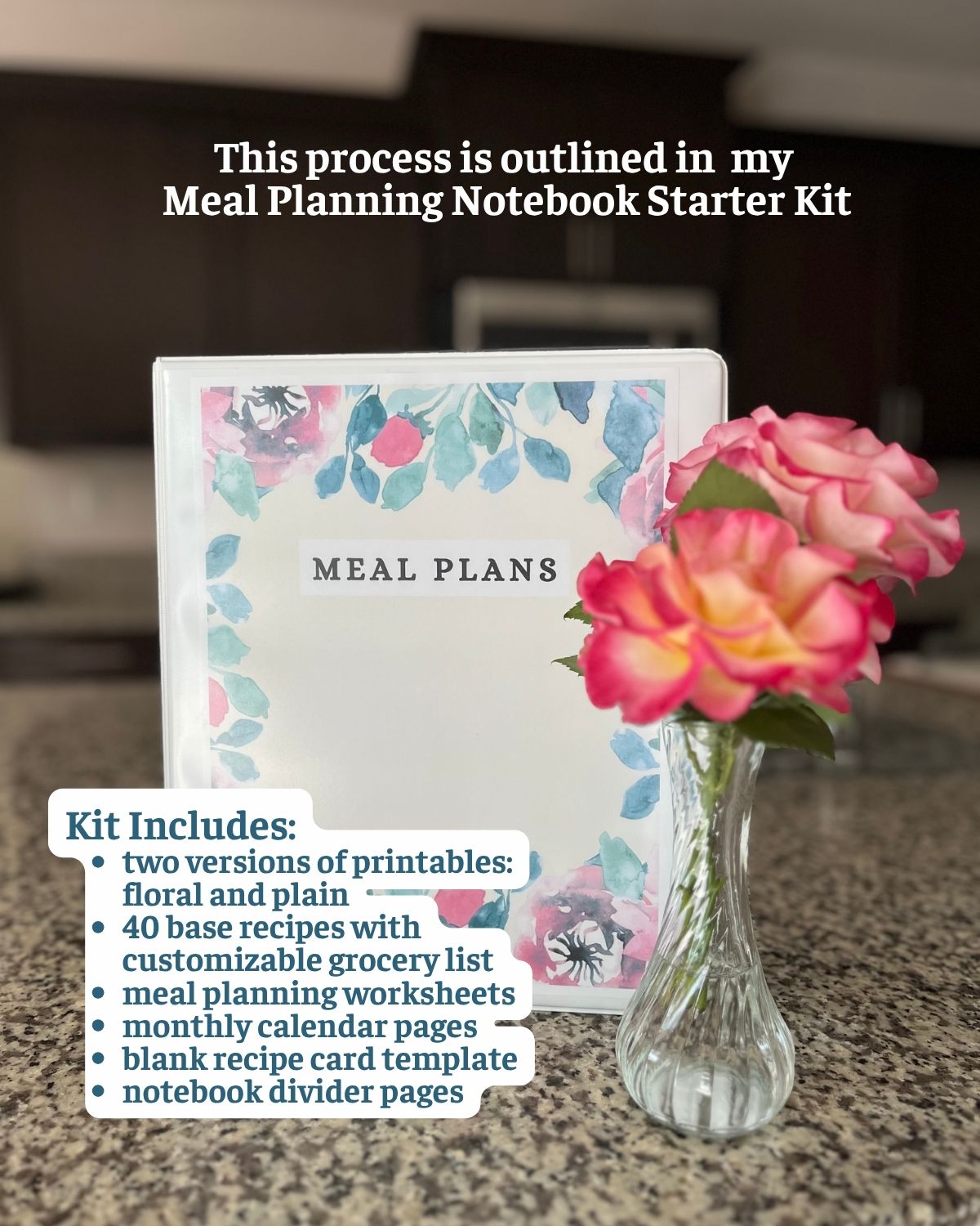 starter kit contents overlaid on picture of meal planning notebook on counter.