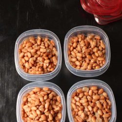 cooked pinto beans divided into containers for freezing