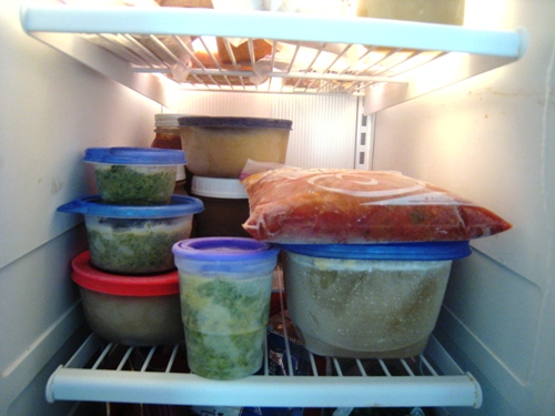 containers of pesto in freezer