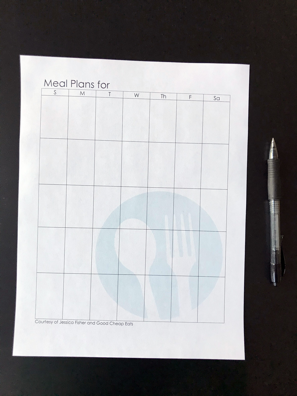 blank meal plan calendar printed on white paper.