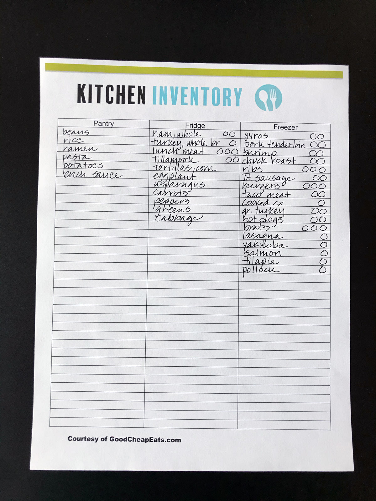 printed kitchen inventory worksheet on black table.