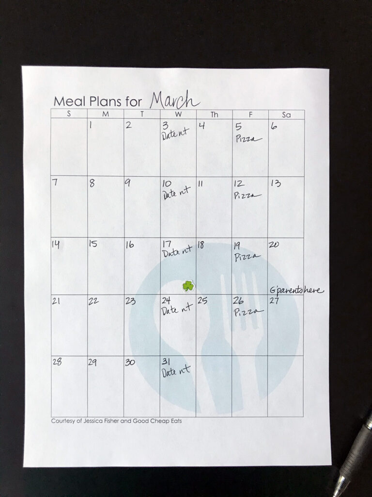 calendar with weekly events and meals