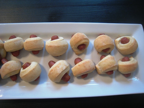 homemade pigs in blankets on tray