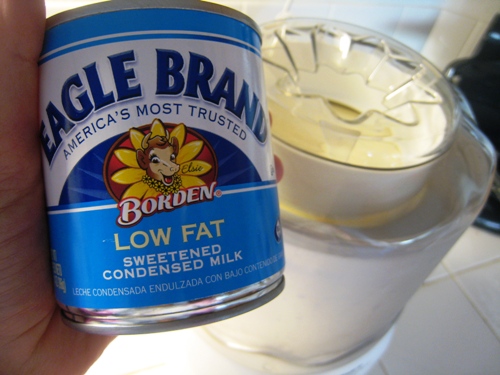 A close up of a can of sweetened condensed milk and ice cream maker