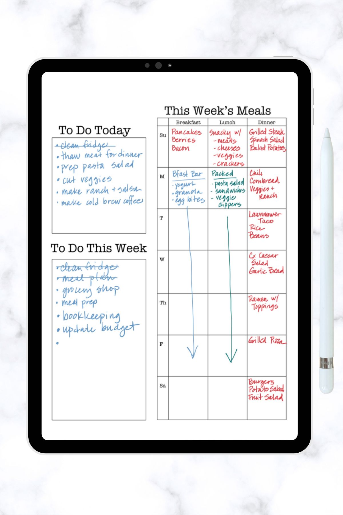 digital meal plan on an ipad on a quartz countertop.