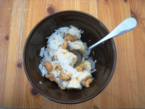 Monkey Salad in brown bowl with spoon