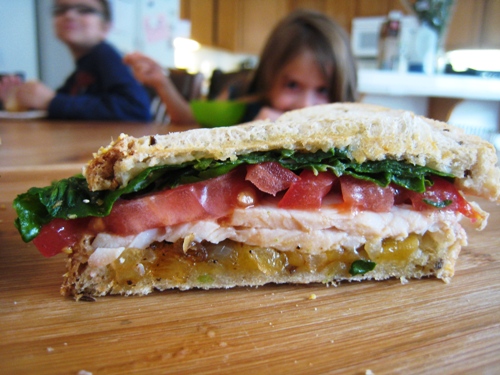 Turkey Cheddar Melt with Grilled Onions and Spicy Mayo