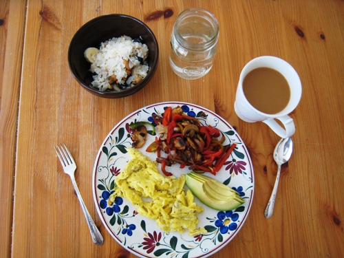 plate of breakfast and coffee