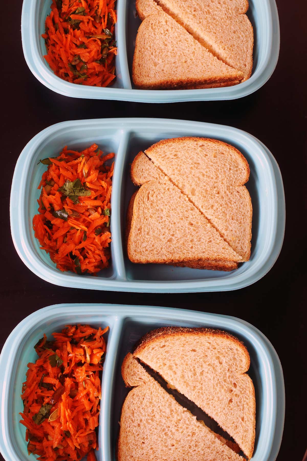 egg salad sandwiches packed in divided dishes with carrot salad in the side compartment.