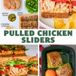 a collage of the steps to make pulled chicken sliders, with text overlay.