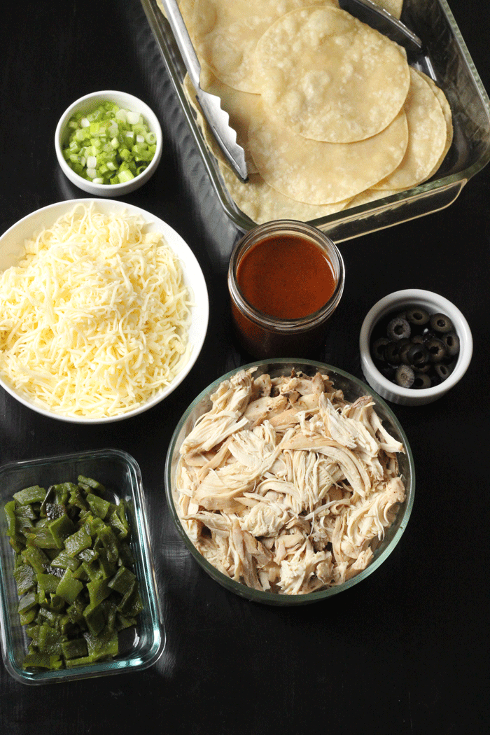 dishes of ingredients for enchiladas 