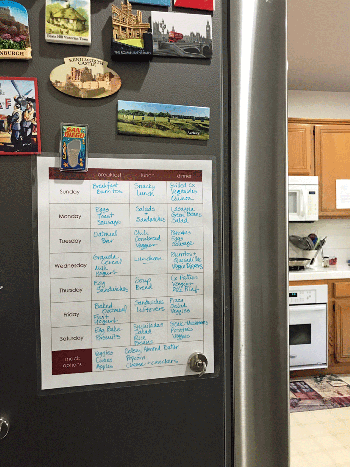 weekly meal plan on the fridge