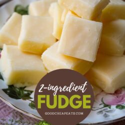 plate of white fudge with text overlay.