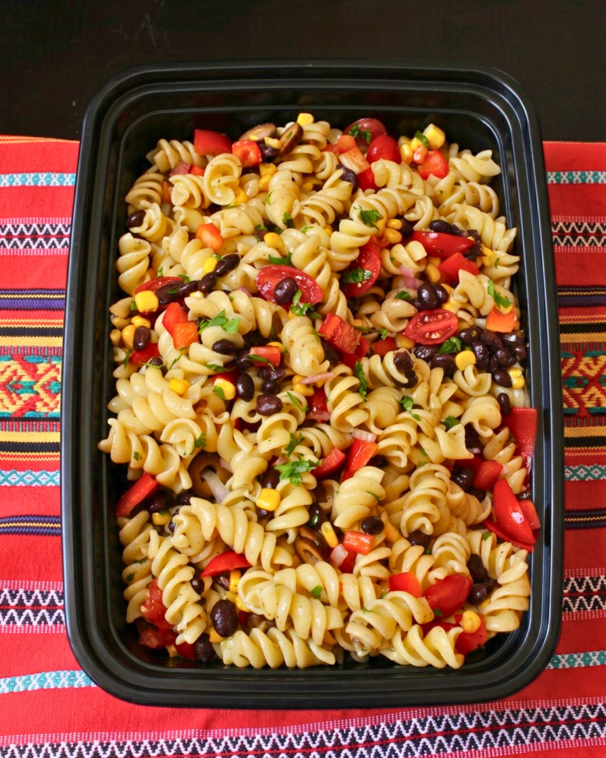pasta salad in a meal prep box.