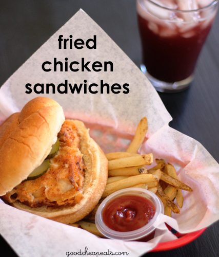 basket with fried chicken sandwich and fries