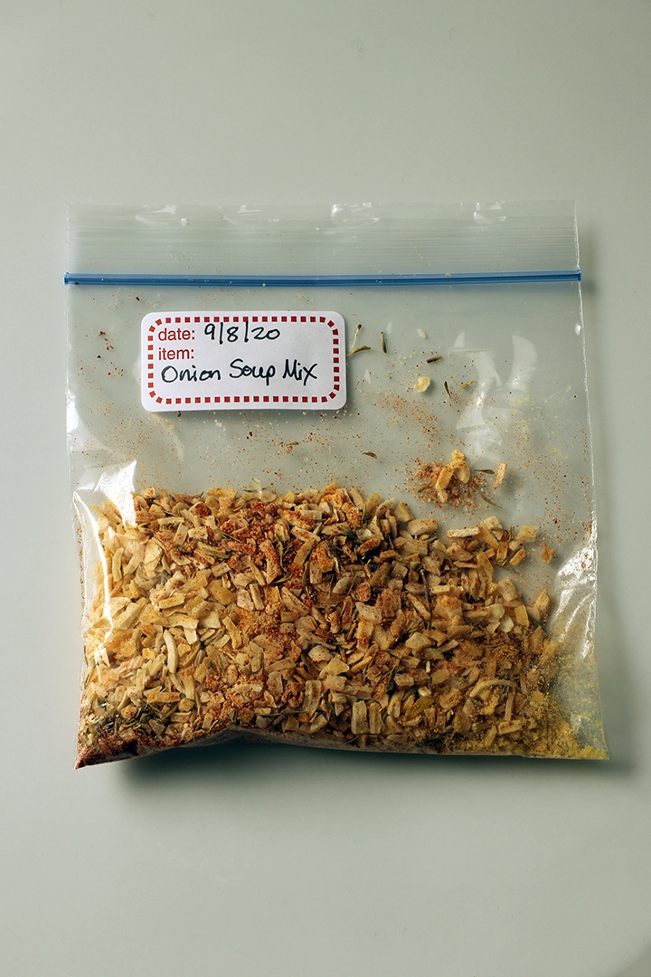 dry Onion Soup Mix in a labeled plastic bag