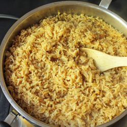 skillet of homemade rice a roni