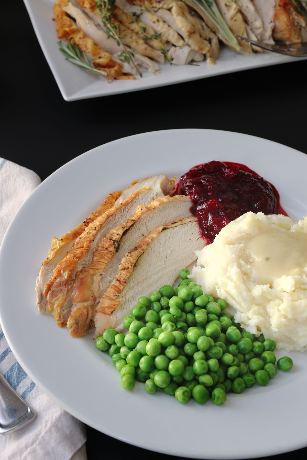 dinner plate with slices of roast turkey breast, peas, mashed potatoes, gravy, and cranberry sauce.