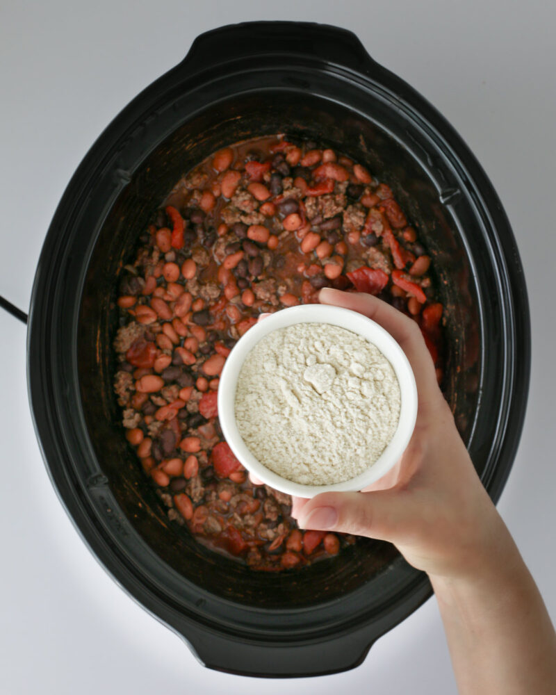 chili in slow cooker prior to adding masa