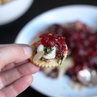 A cracker topped with Cranberry Baked Brie