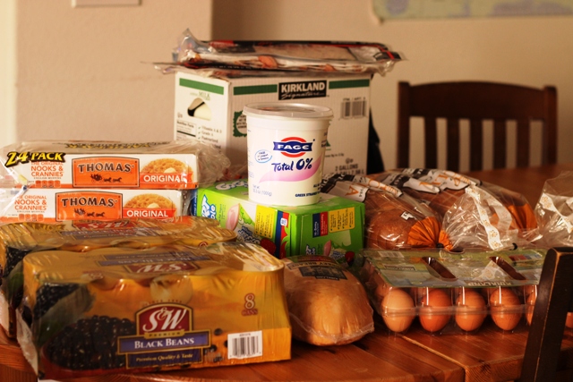 Costco haul on grocery table