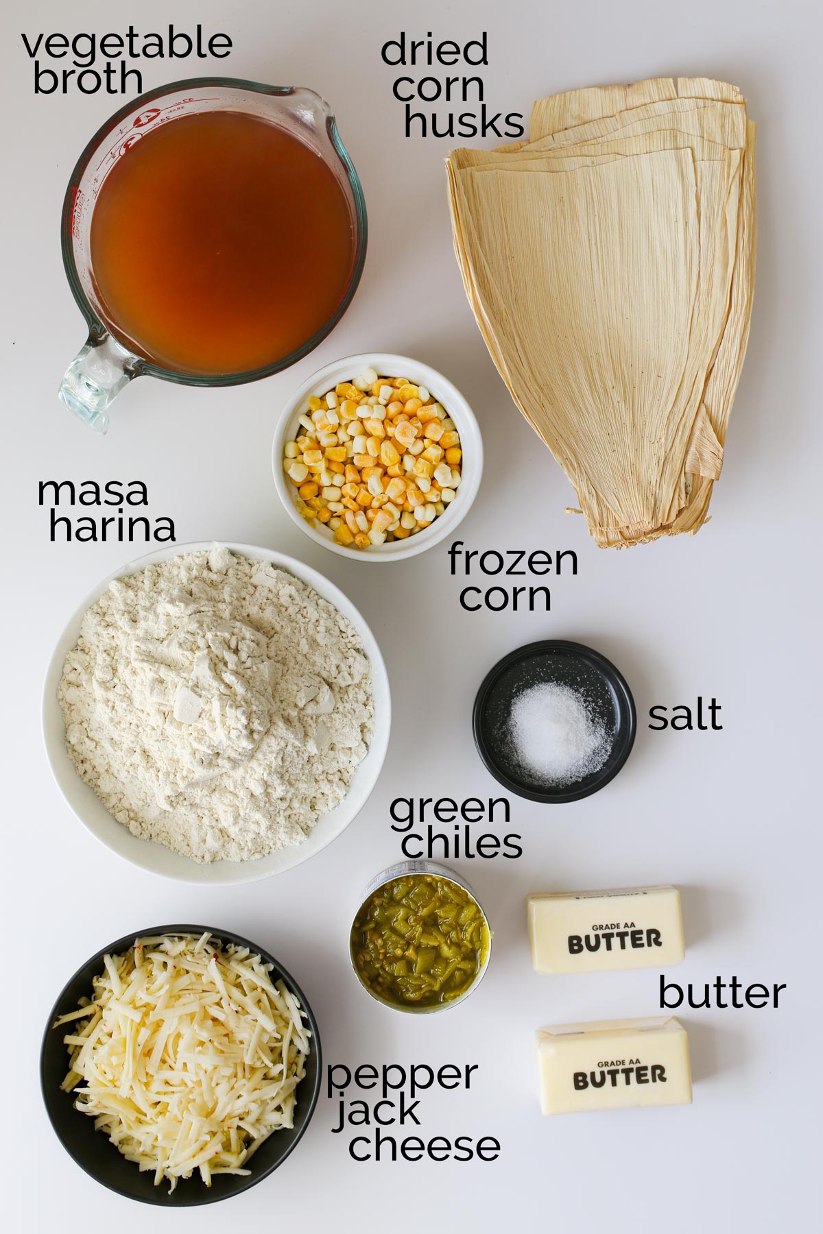 ingredients to make cheese tamales laid out on counter.