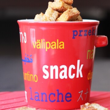 A close up of a snack jar with cinnamon toast croutons