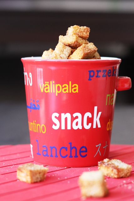 A close up of a snack jar with cinnamon toast croutons