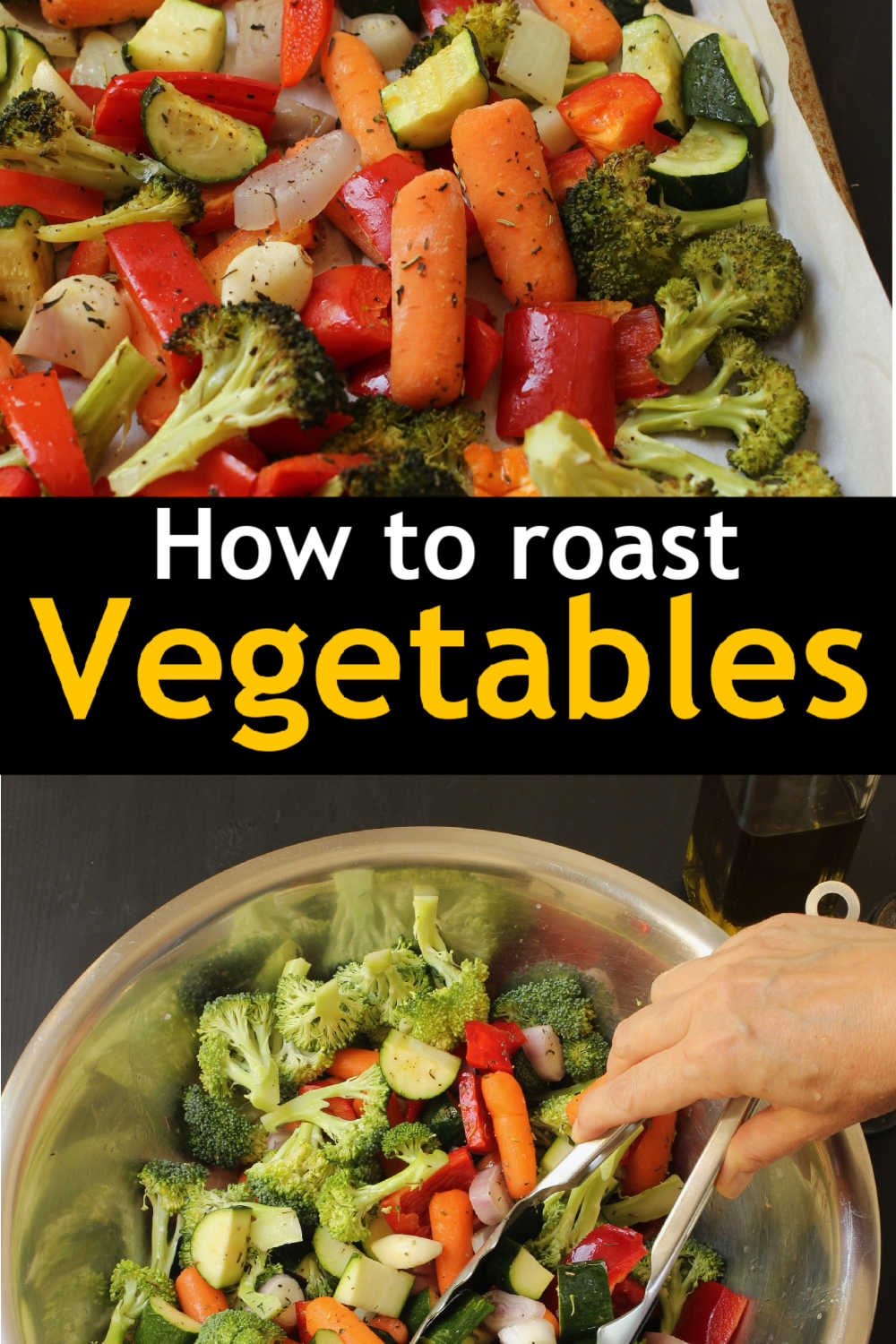 A bowl of vegetables to roast next to pan of roasted veg