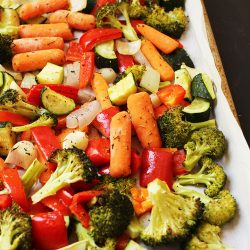 baking sheet of roasted vegetables