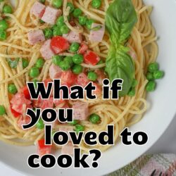 bowl of pasta, with text overlay.