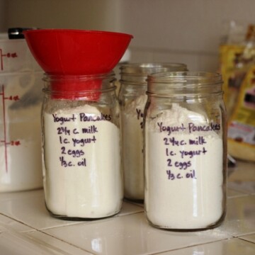 jars of pancake mixes with funnel
