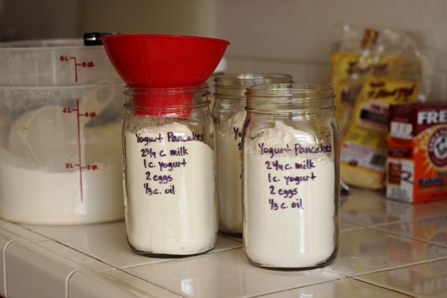 jars of pancake mixes with funnel