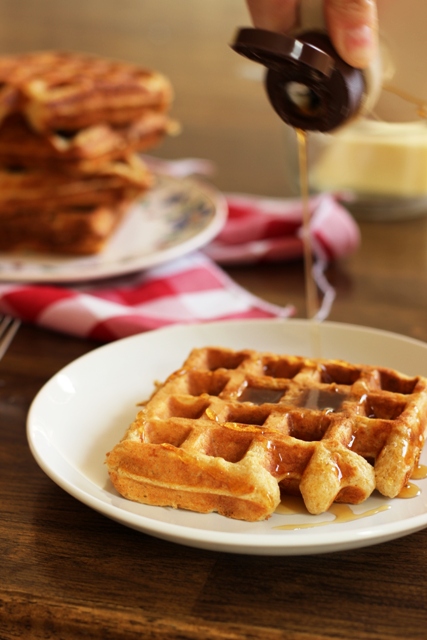 A plate of oatmeal waffles and syrup