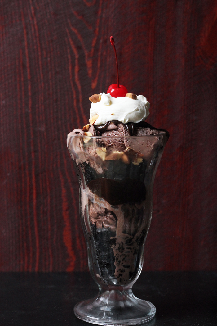 chocolate ice cream sundae with cream and cherry