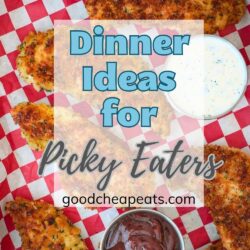 image of fried chicken strips with text overlay, dinner ideas for picky eaters.