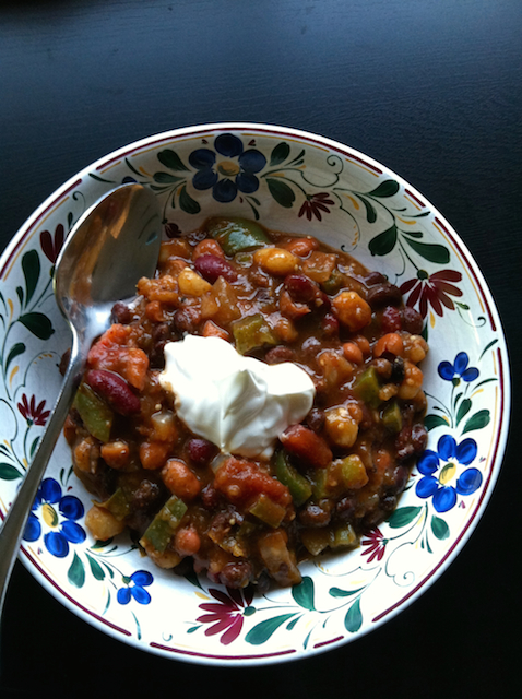 confetti chili in bowl with sour cream