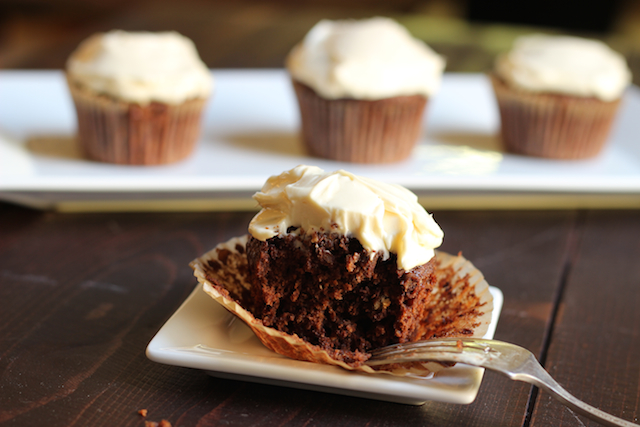 A close up of a Chocolate Cupcake on a small plate