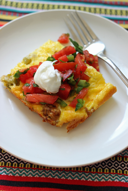 slice of Spicy Turkey Egg Bake on a plate with a fork