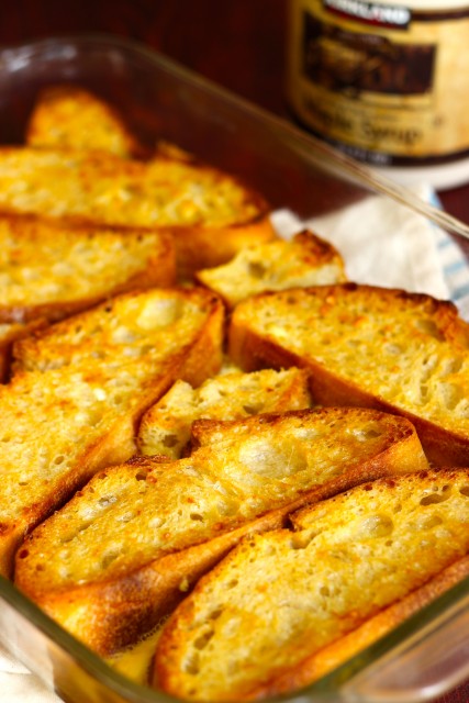 a pan of French toast on table