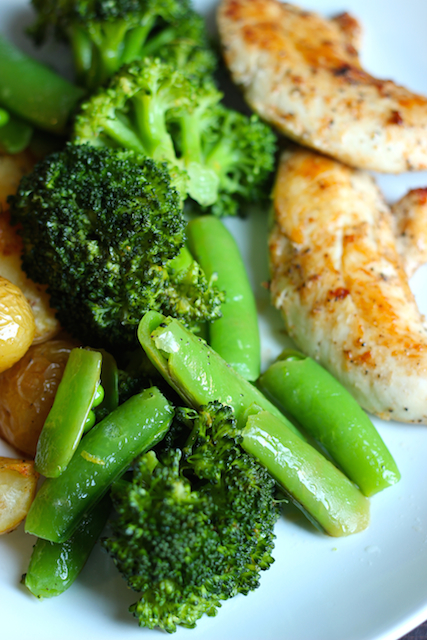 A plate of veggies and chicken