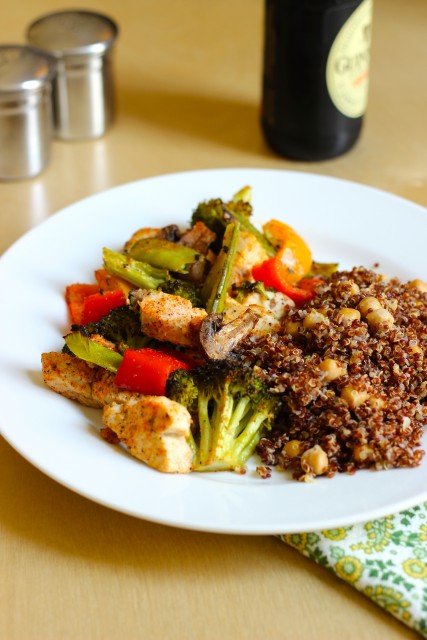 A plate of chicken and vegetables